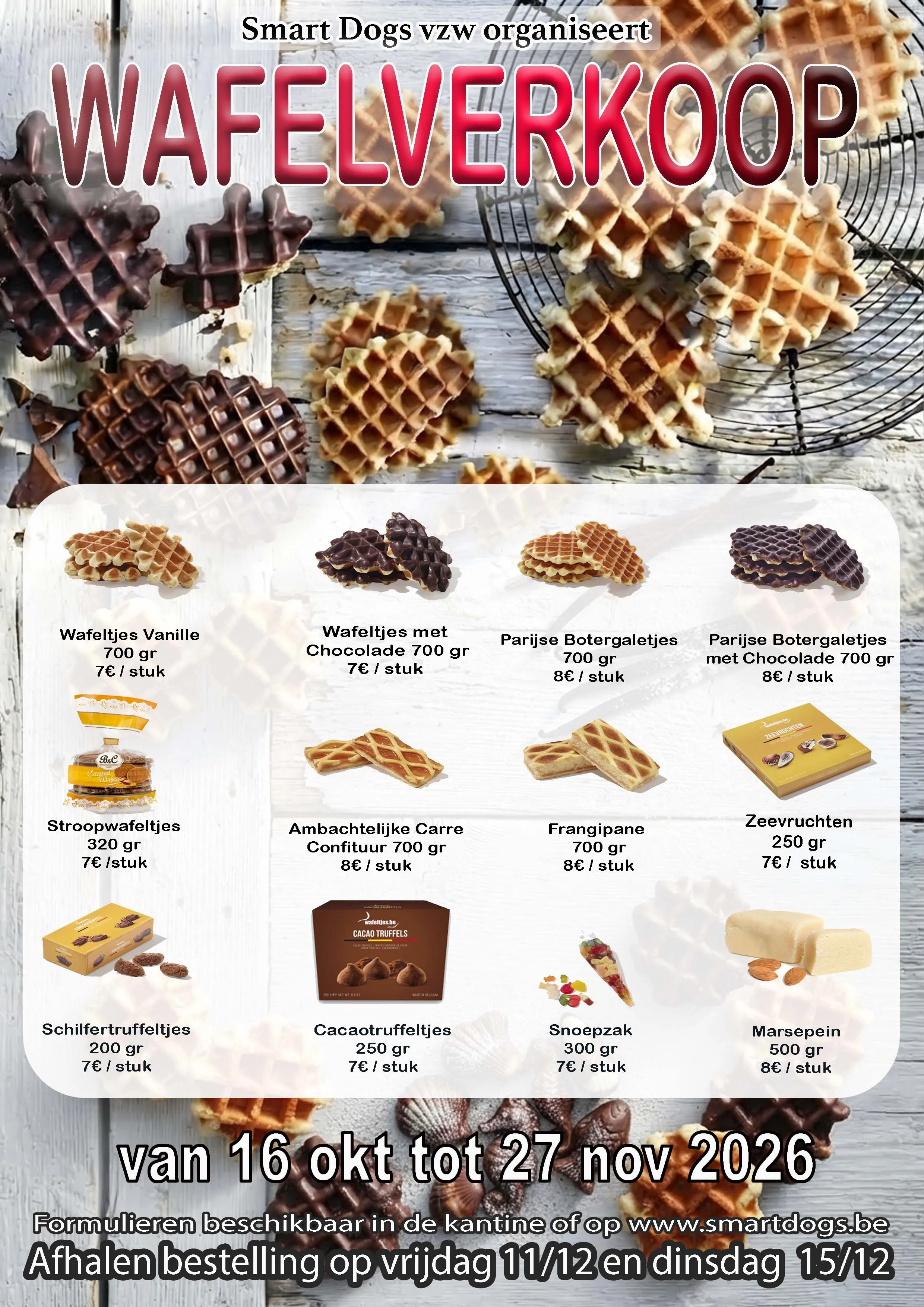 Affiche van de wafelverkoop met het volledige aanbod en de prijzen